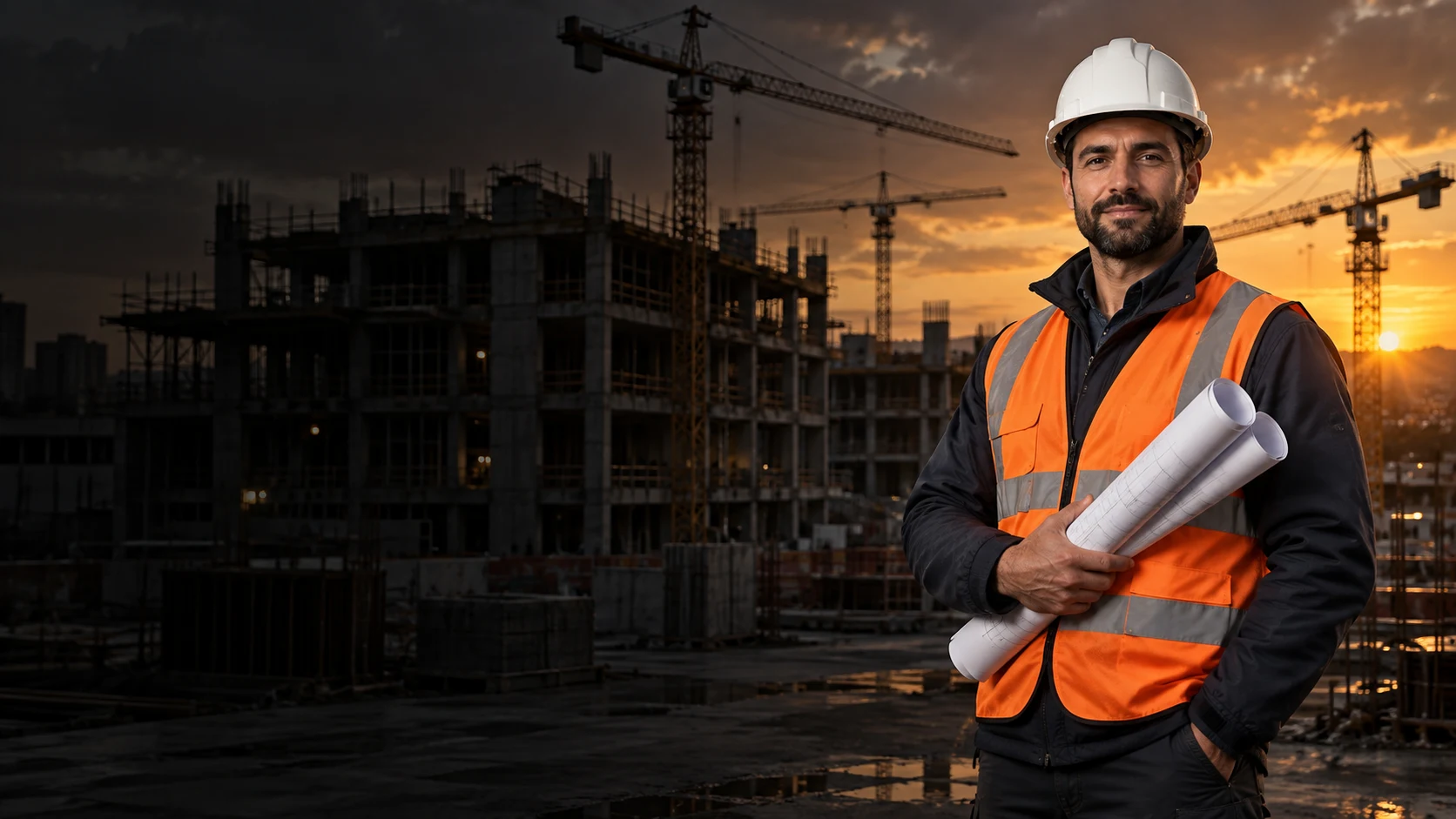 Construction engineer holding plans beside a crane-filled building site